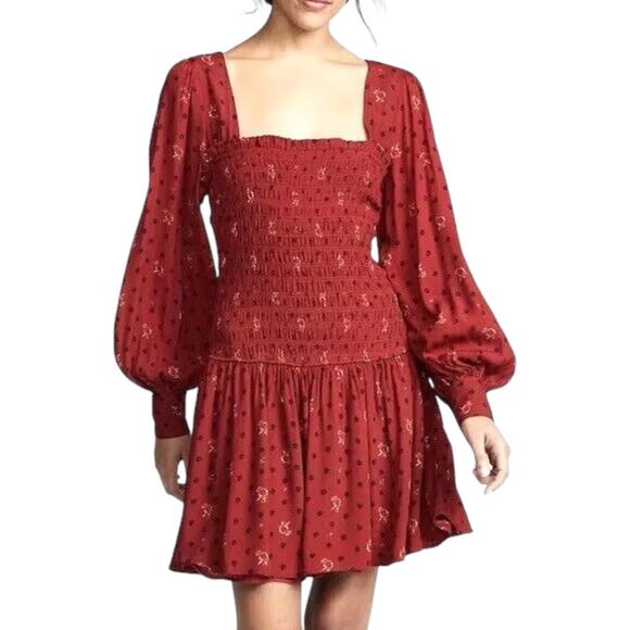 Free People Mini Dress Drop Waist Smocked Floral Red RUBY Two Faces small - Picture 1 of 11